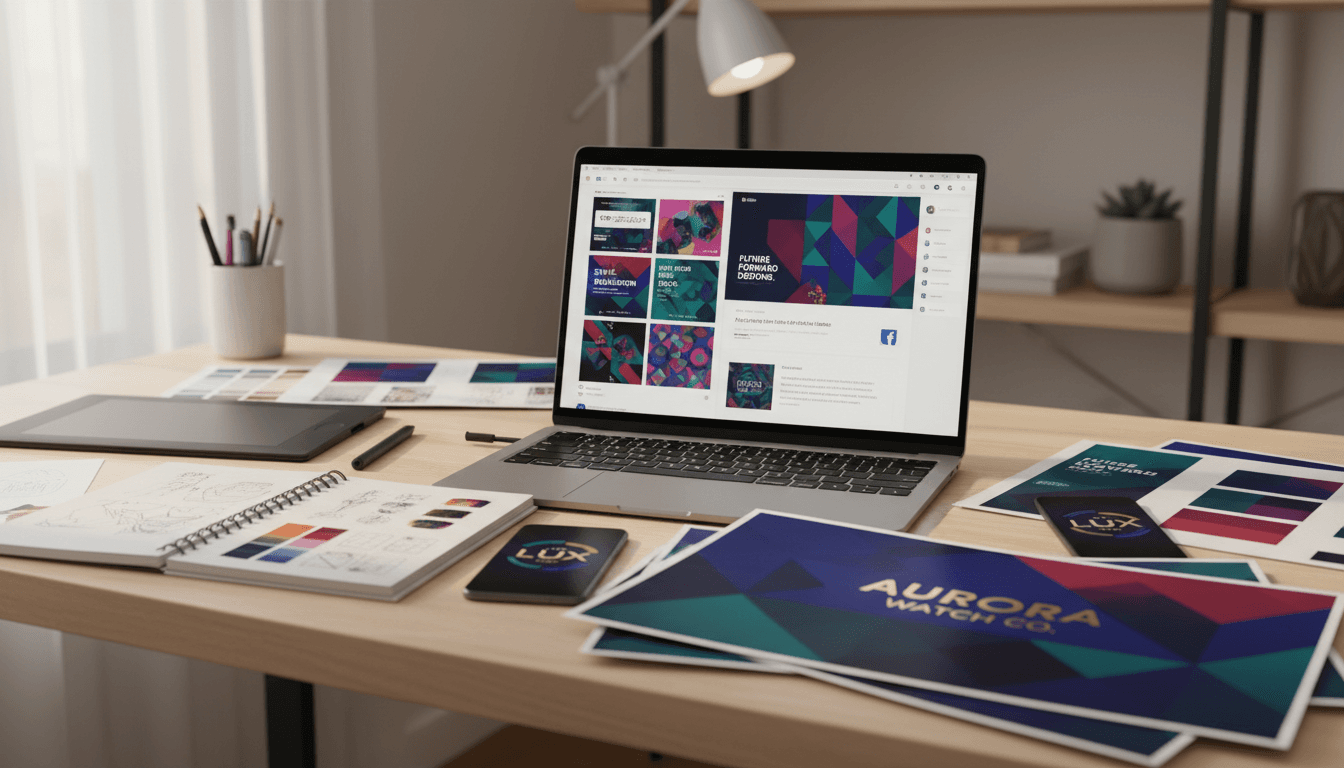 Digital marketing designer working on social media brand strategy with laptop and design mockups