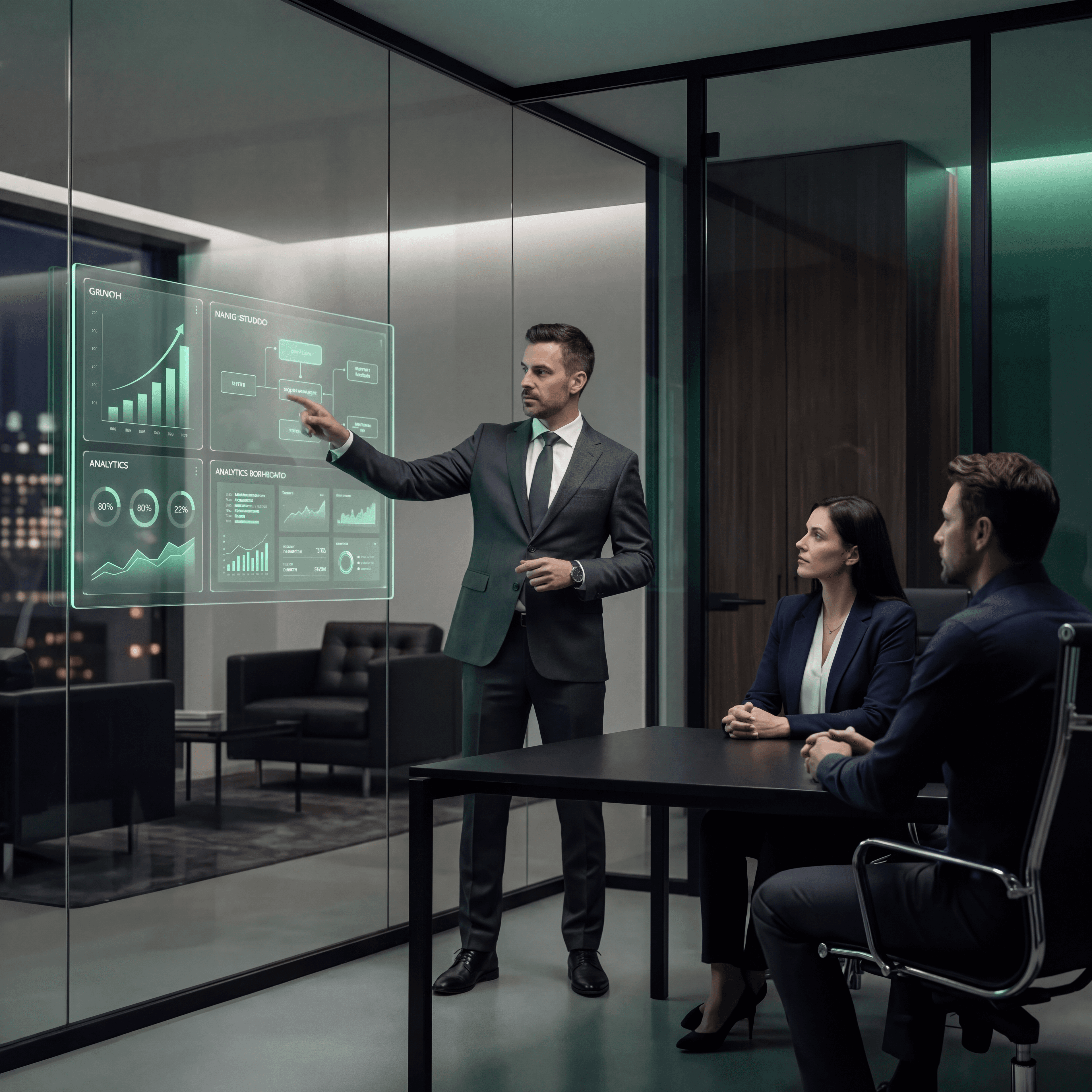 Businessman presenting data on a futuristic holographic screen to two colleagues in a modern office.