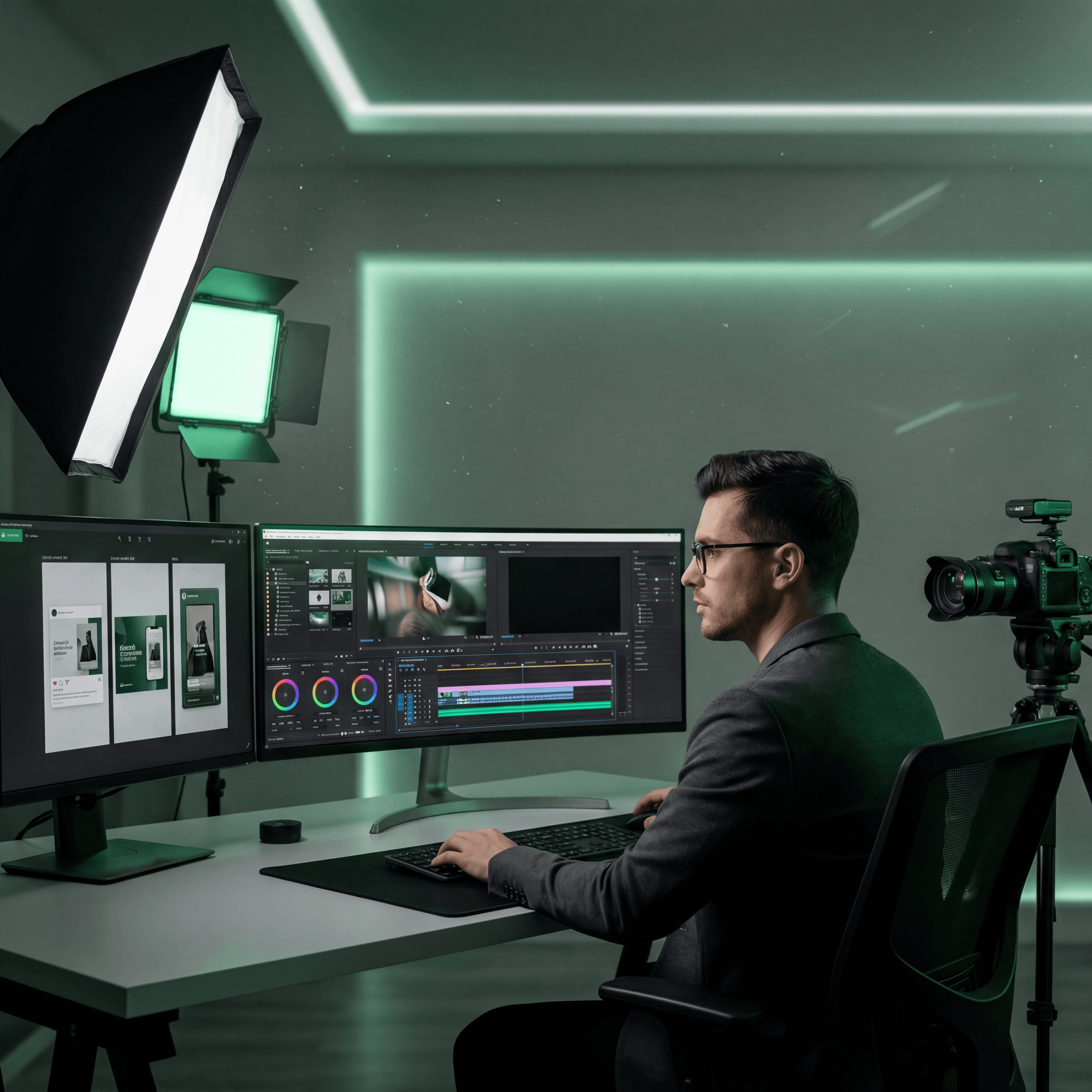 Professional editor at a dual-monitor workstation in a high-tech studio with green neon accents.