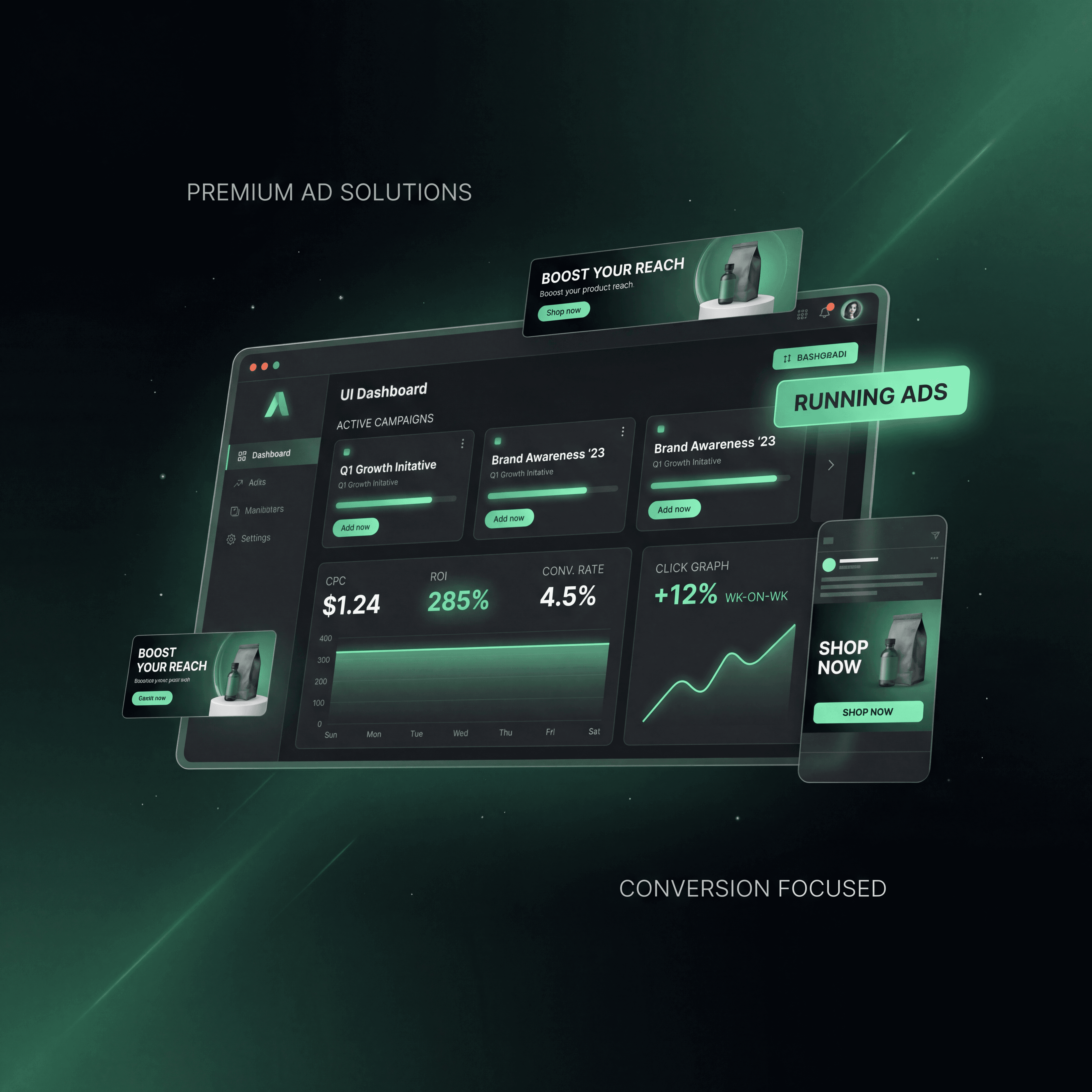 Dark advertising dashboard with neon green accents displaying campaign performance metrics and mobile ad previews.