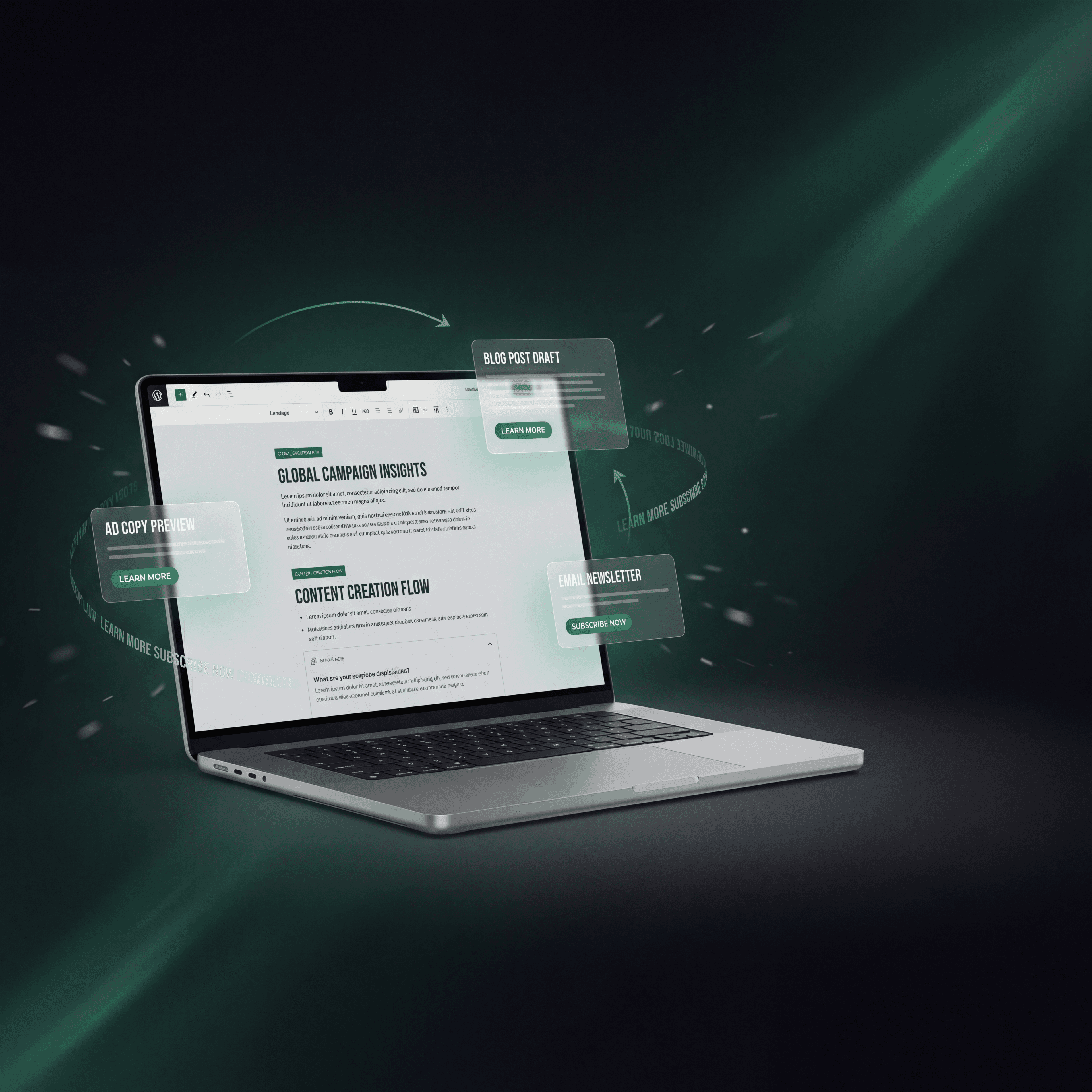 Open laptop displaying marketing analytics with floating windows for ad copy, blog posts, and newsletters.