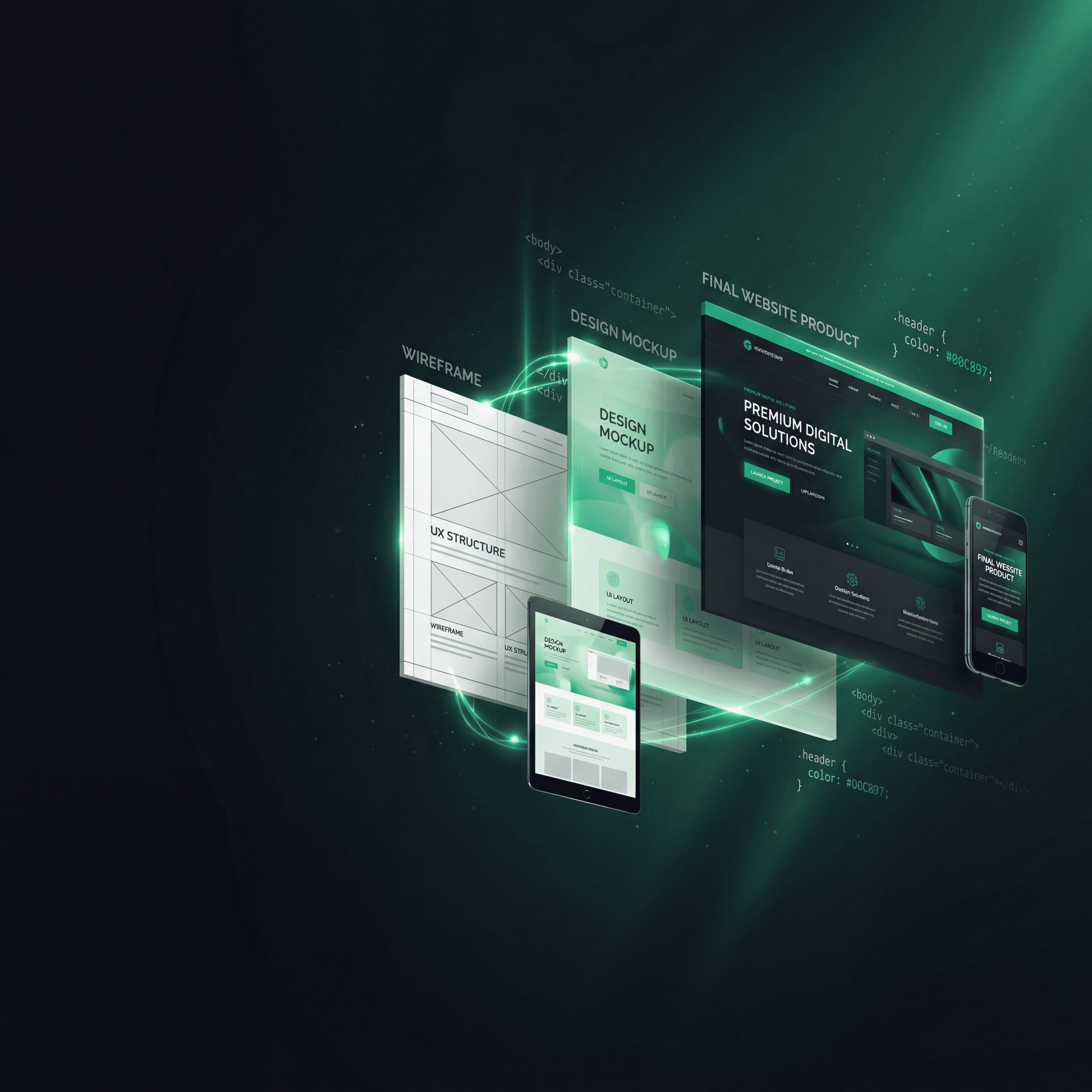 Web design workflow showing wireframes, mockups, and final responsive products with glowing code snippets.