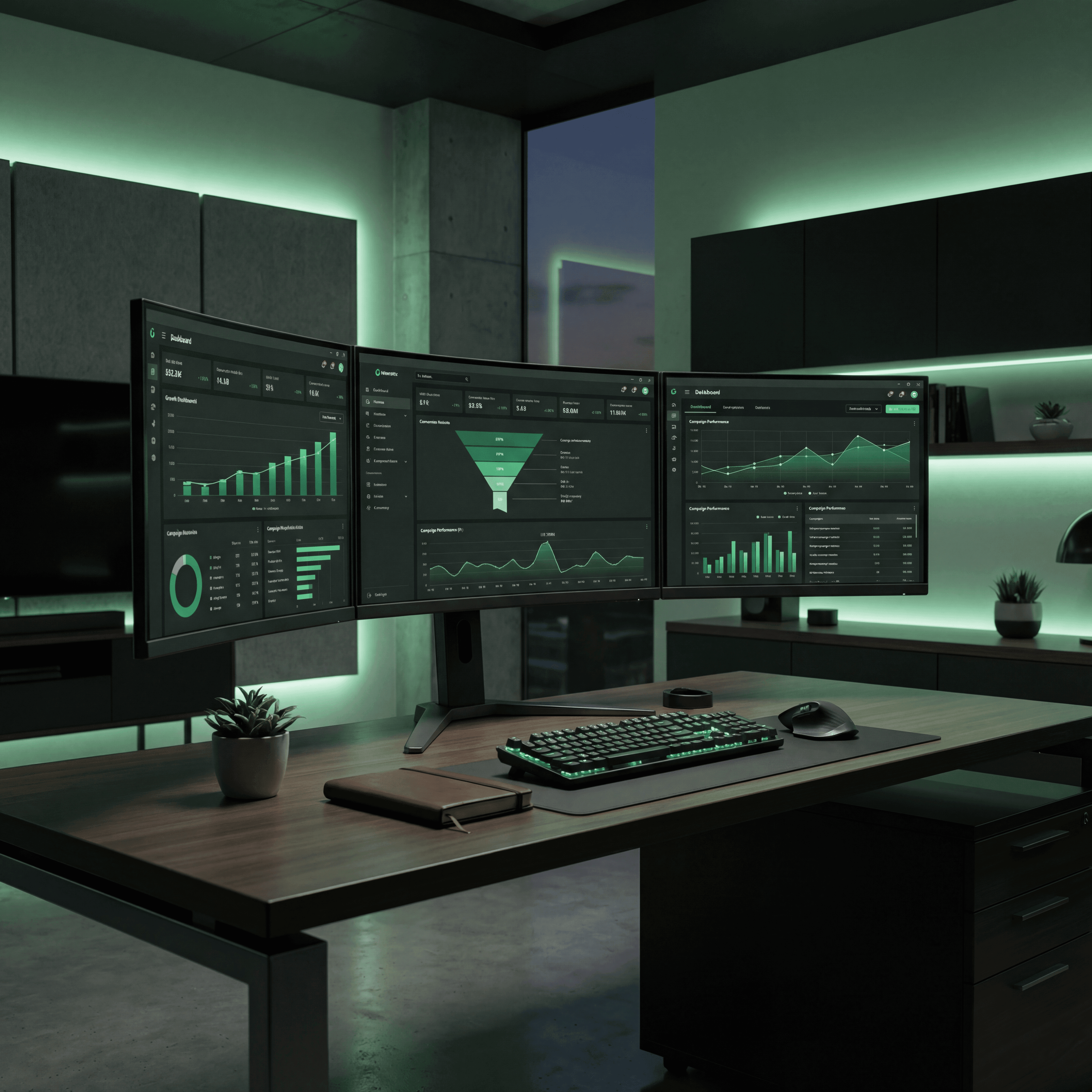 Modern office with triple monitors displaying green data charts and ambient green LED lighting.