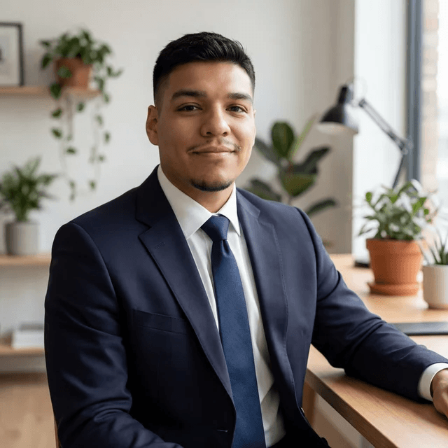 Smiling man in a navy suit and tie sitting at a desk with potted plants.