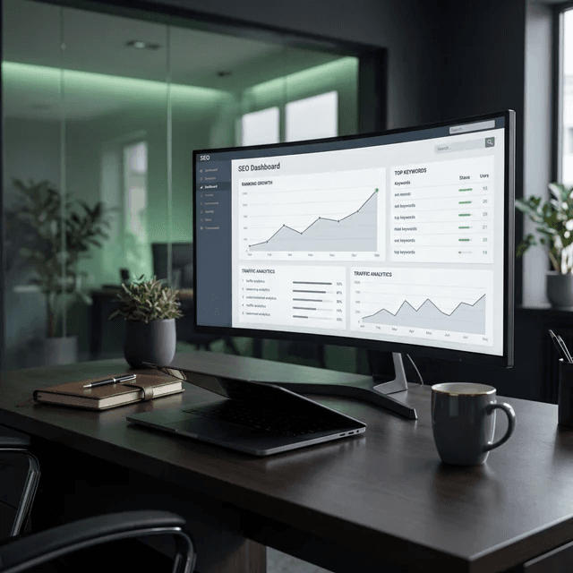 SEO dashboard on a curved monitor in a modern office with a laptop and mug.