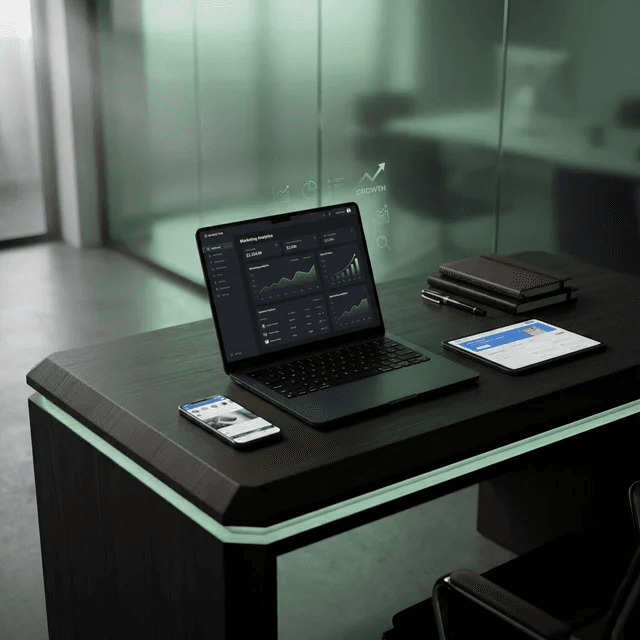 Modern office desk with laptop showing analytics, holographic growth icons, smartphone, and tablet.