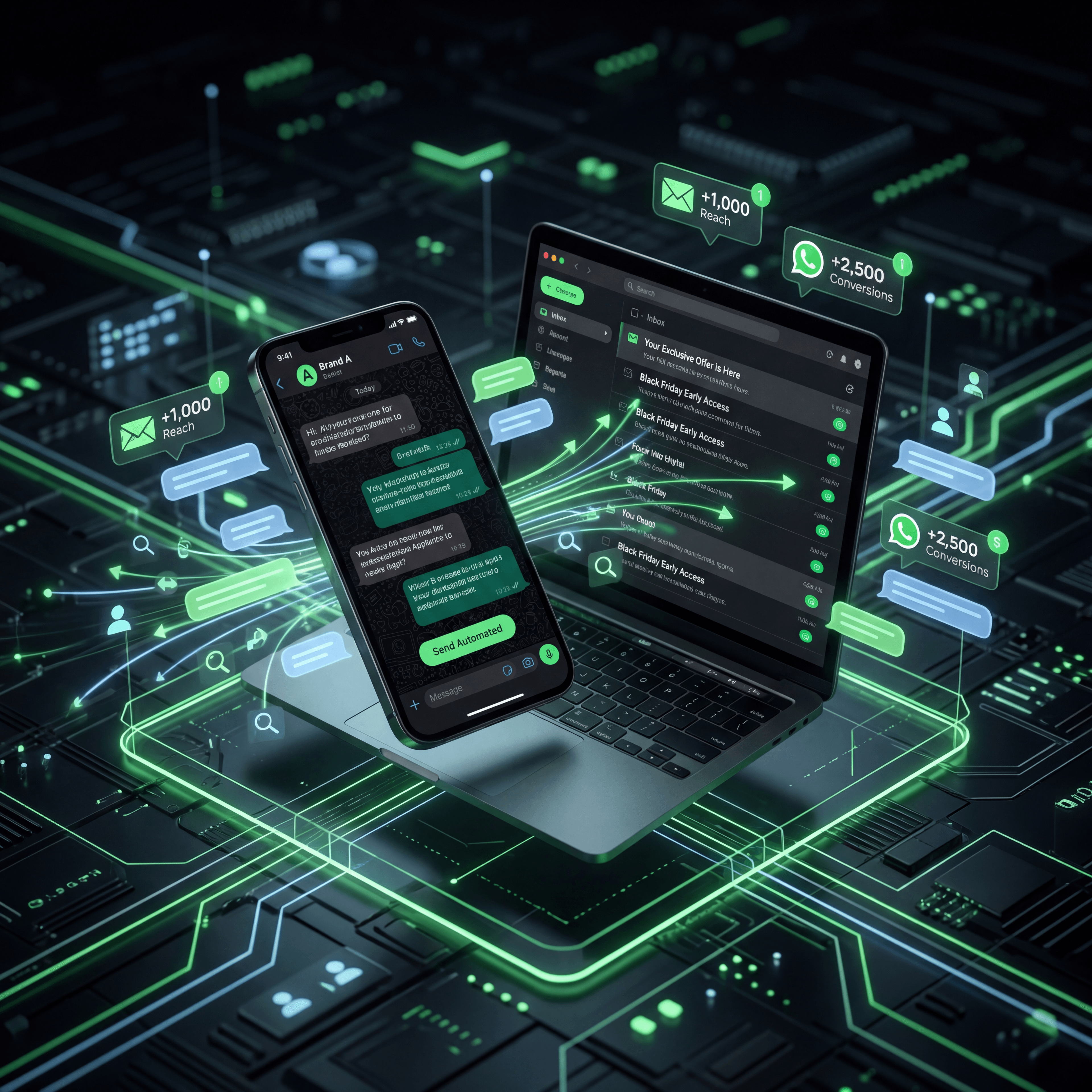 Smartphone and laptop displaying automated marketing campaigns with glowing reach and conversion data icons.